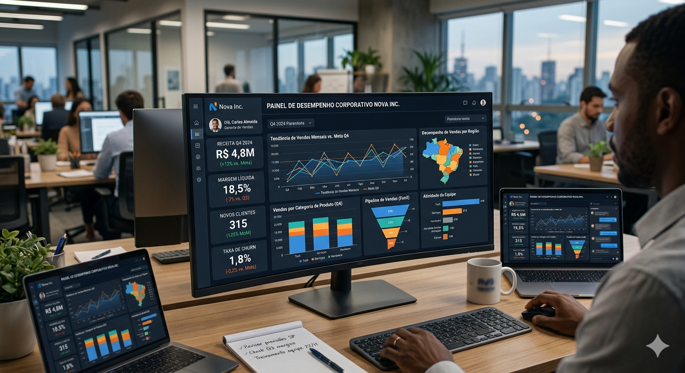Dashboard corporativo com gráficos e métricas